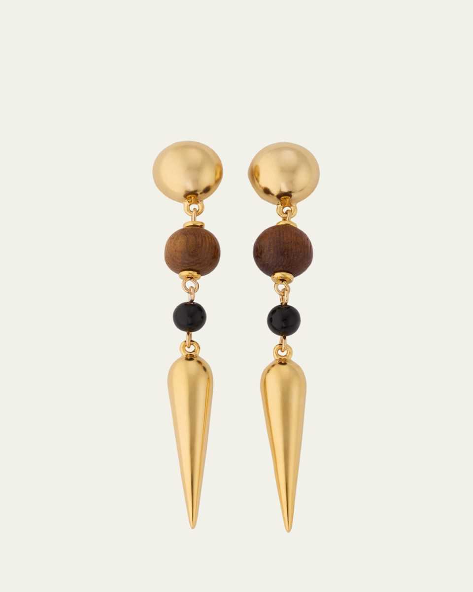 Gold Plated Ball and Tear Drop Post Earrings with Wood Ball and Black Stone, 3"L